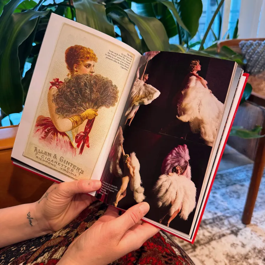 Only Fans open to the chapter on burlesque and cabaret: a Victorian trading card and dancers with feather fans.