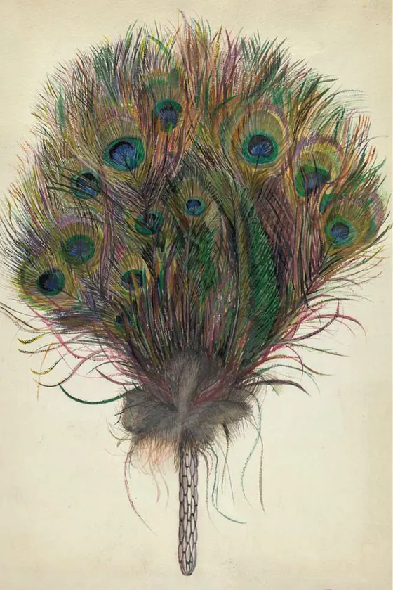 A painting of a fan made of peacock feathers.