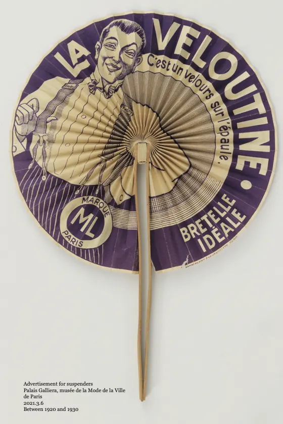 A French advertising fan for La Veloutine suspenders.
